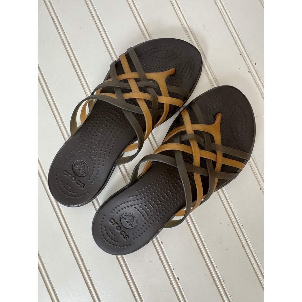 Crocs Hurache Strappy Flip Sandals Womens W8 Brown Bronze Lightweight Jelly - Picture 2 of 12